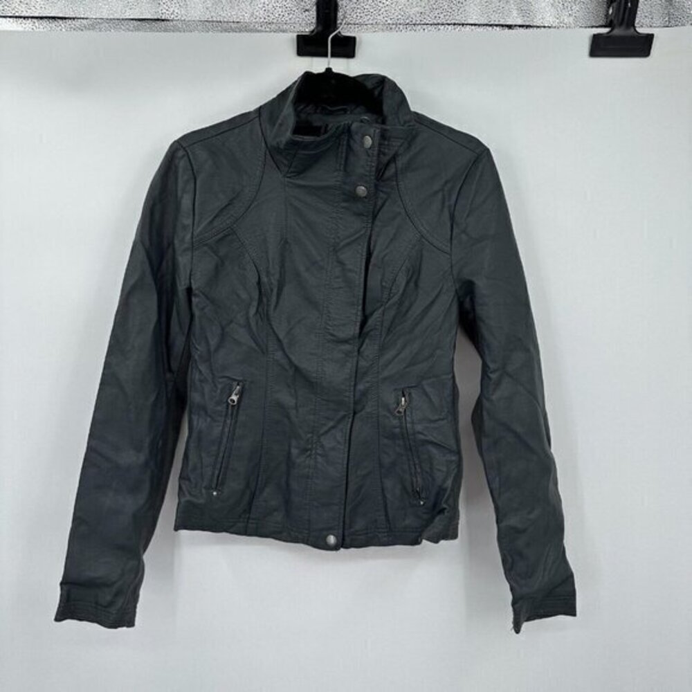 RD Style Womens Jacket Small Gray Moto Biker Faux Leather Button Casual Pockets